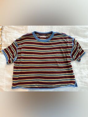 Free People We the Free Striped Crew Neck Tee in Burgundy with Blue Trim